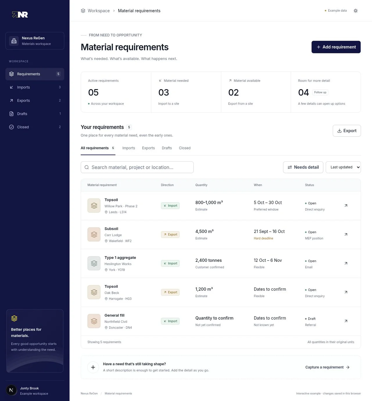 Material requirements interface preview