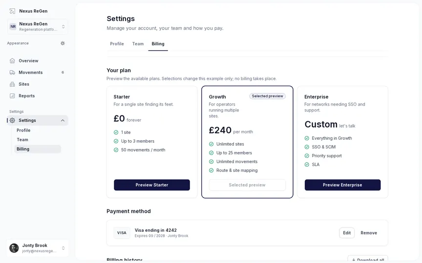 Settings · Billing interface preview