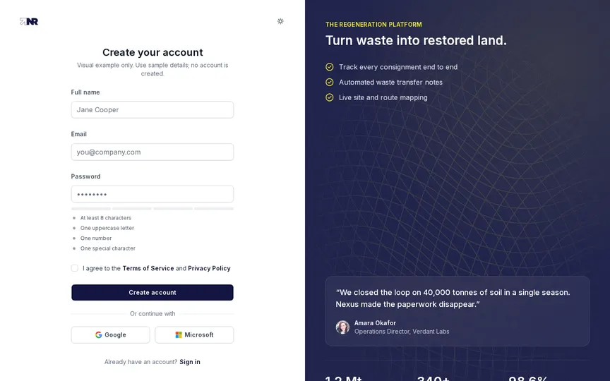 Sign up interface preview